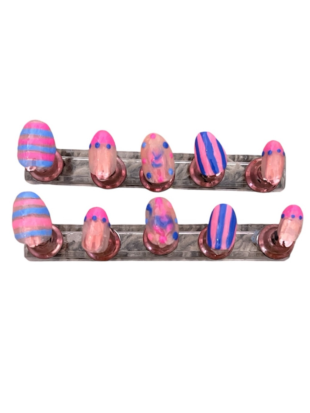 Hand-Painted Pink & Blue Press-On Nail Set - Women Accessories
